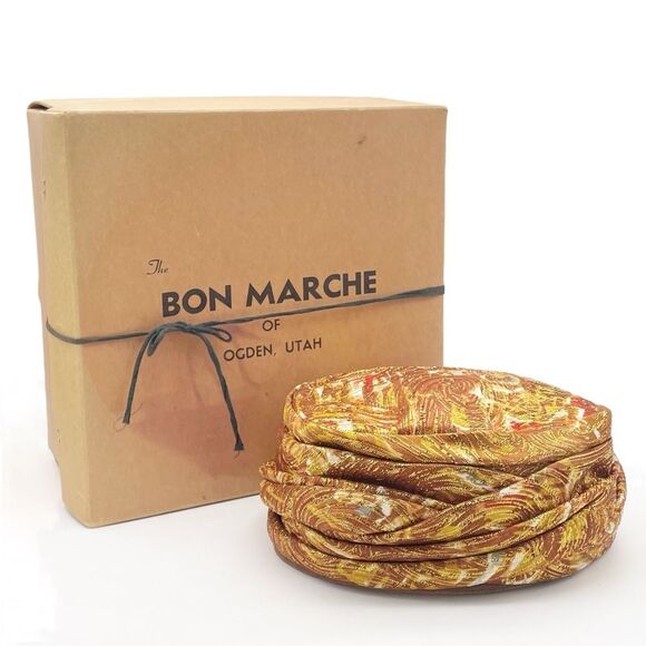 Vintage Valerie Modes Draped Turban Pillbox Hat – Metallic Gold & Bronze Brocade - Picture 15 of 16